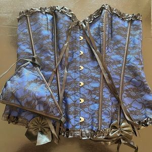 Chaos World Women Embroidery Blue Corset Top Sexy Lingerie Set